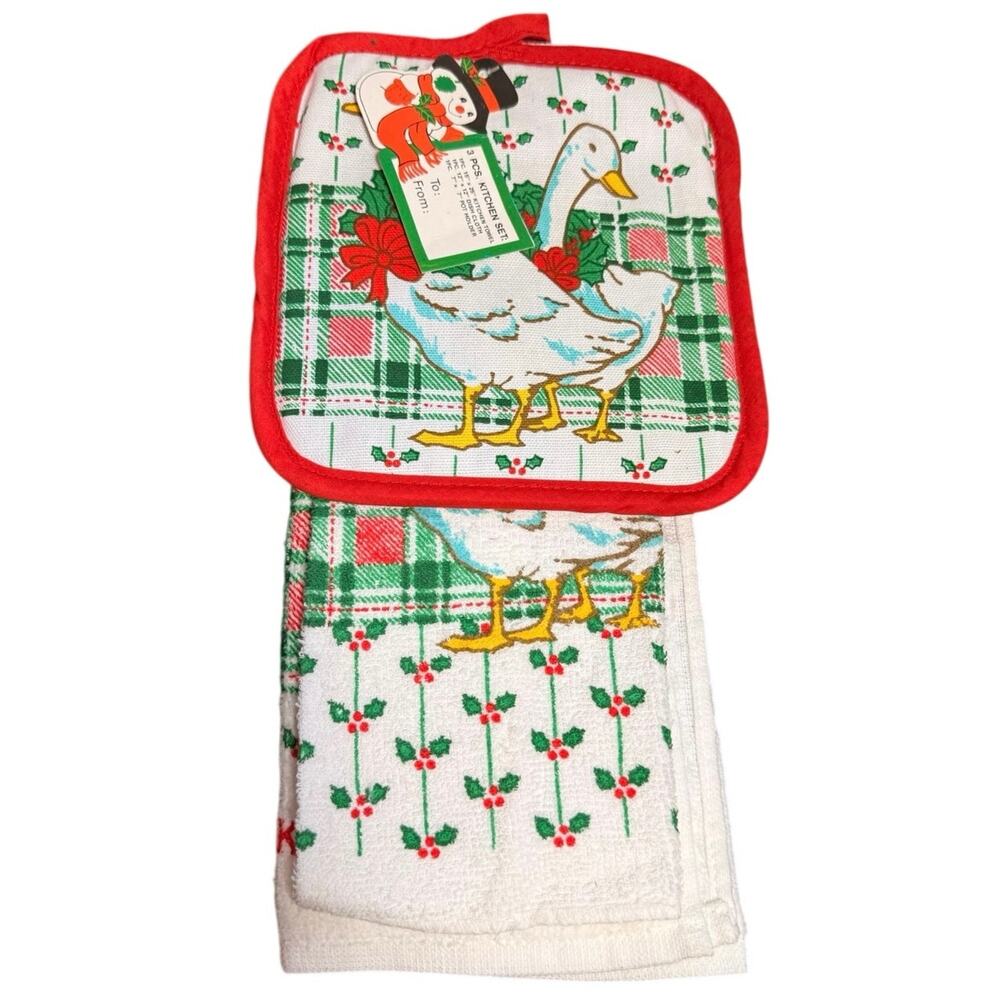 Vintage Christmas Geese 3 Pc Kitchen Set NWT Towel Dishcloth Pot Holder Retro